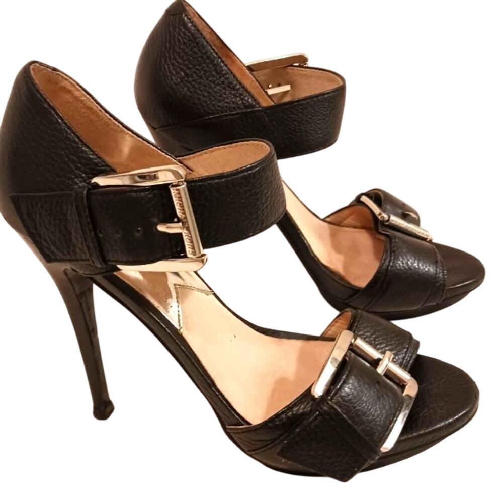 Michael Michael Kors 5" Stiletto Heels Sz 7.5 Black Leather Moderin Buckles Glam